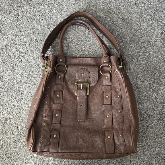 Betsey Johnson VTG Y2K Heavy Brown Leather Studded Tote Handbag Charms Large - Picture 1 of 14